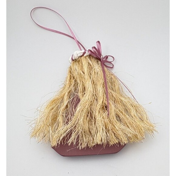 Handcrafted Wooden Angel Christmas Ornament Straw Hair with Bouquet Wood Block - Picture 2 of 7